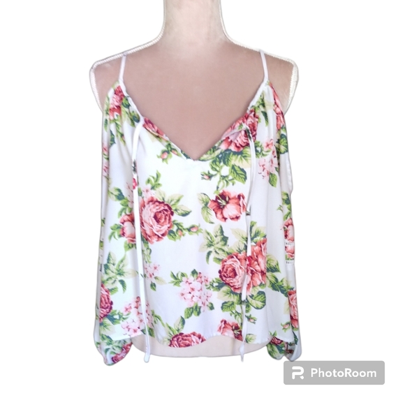 EUC* FOREVER 21| WHITE FLORAL COLD SHOULDER LONG SLEEVE BLOUSE - Picture 3 of 13